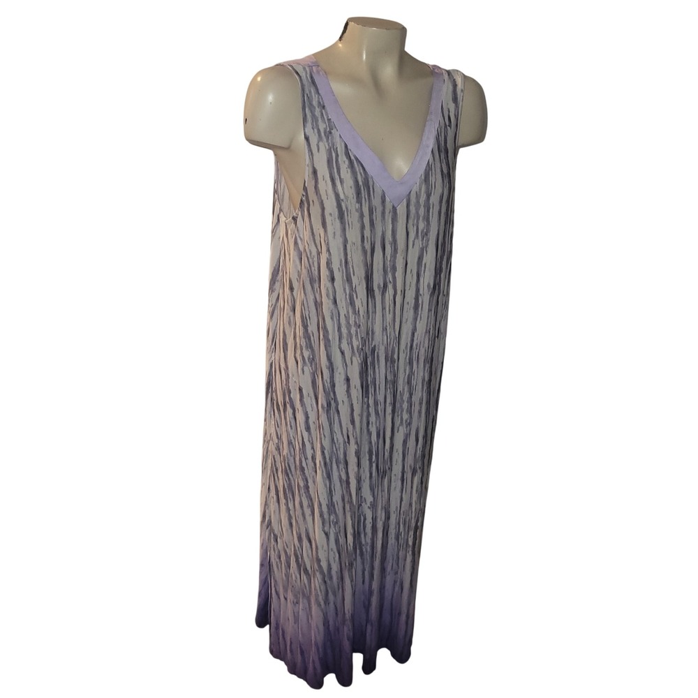 SIMPLY VERA WANG Maxi Dress Tie Dye V Neck Sleeveless Long Purple Cream beachy L